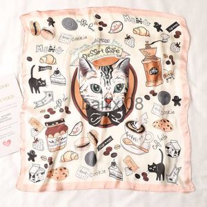 Scarves 70cm*70cm Silk Square Scarf Women Cartoon cat Bag Print Foulard Big Hijab Bandana Lady Neckerchief High Quality Silk Scarf FJ095 J230801