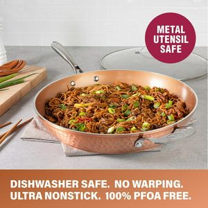 Hammered 14 inch, Non-Stick Frying Pan with Lid, Ceramic Cookware, Large Capacity Skillet, Premium, PFOA Free, Dishwasher Safe, Copper