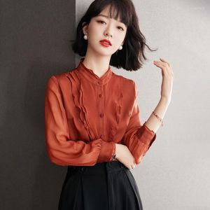 Kadın Bluzları Katı Gömlek Yaz 2023 Şifon Gevşek Vintage Uzun Kollu Çıkarlar Üstler O-Bilgililer Giyim ycmyunyan