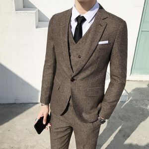 Completi da uomo (pantaloni gilet blazer) Abiti da cerimonia da uomo d'affari di moda Versione coreana di abito da sposa retrò in tweed da gentiluomo Set da 3 pezzi