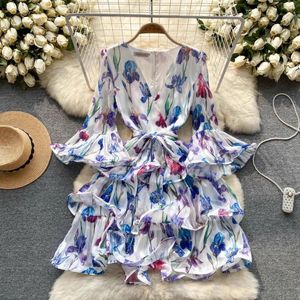 Casual Dresses Luxury Runway Cascading Ruffles Cake Dress for Women's Deep V-Neck Floral Print Lace-Up Summer Fall Holiday Party Mini
