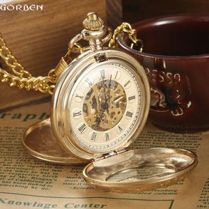 Pocket Watches Luxury Gold Steel Carving Mechanical Pocket Watch 2 Sides Open Case Roman Number Dial Steampunk Analog Hand Winding Pocket Watch 230731