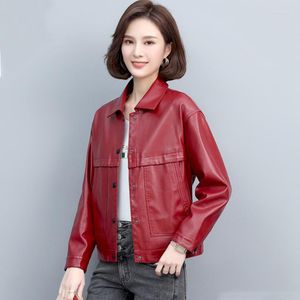 Women's Leather Spring Autumn Women Casual Jacket 2023 Ladies Turn-down Collar Single Breasted Moto Biker Sheepskin Coat Size M-5XL