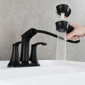 Badrumsvaskar kranar Stainles Steel Brushed Faucet Black Pull-Out Dual Hole Mixer Classic Cold Water Basin Tap Multifunktionell dubbel