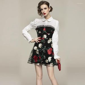 カジュアルドレス高品質の女性エレガントなメッシュ刺繍フラワーパッチワークシャツドレス秋のファッションミニショートパーティー