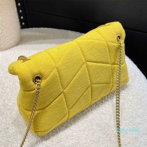 Bolsa de ombro clássica com aba de tecido amarelo envelope com diamantes corrente de metal com letras enfeitadas bolsa tiracolo francesa de luxo designer bolsas femininas