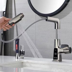 Badrumsvaskar kranar Intelligent digital display LED -bassängkran Dra ut grå vit blyfri vattenblandare TAP WASHASIN Vanity