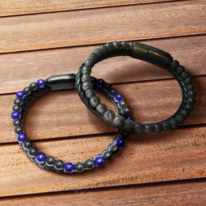 Strand Men Leather Woven Armband Two-Layer Natural Stone Pärled Magnet Buckle Braclet Volkaniska armband Herrsmycken gåvor