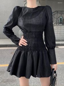 Casual Dresses QWEEK Slim Black Wrap Dress Women Vintage Office Ladies Ruched Long Sleeve Short 2023 Autumn Fashion Outfits