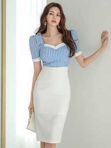 Abiti da festa Moda coreana Estate Elegante abito da sera da donna Ladies Formal Chic Square Collar Slim Midi Mujer Vestido Street Clothes