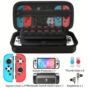 Für Switch OLED-Gehäuse, 12-teiliges Set, rote und blaue Griffschutzhülle + gehärtete Folie + 6 Tastenkappen + für Switch OLED-Schutzhülle + Kopfhörer + Aufbewahrungstasche mit großer Kapazität