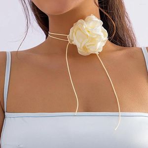 Colares com pingente de flor rosa grande gargantilha colar de corda longa feminina moda romântica gola de tecido joias ajustáveis no pescoço