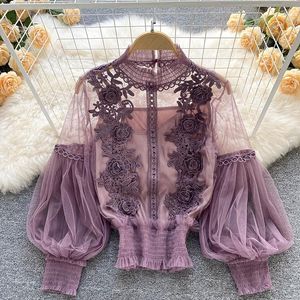 Frauen Blusen Spitze Blase Langarm Shirts Retro Mode Elegante Koreanische Frauen Einfarbig Kleidung Tops