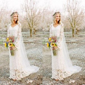 Abiti da sposa romantici Boho Collo a maniche lunghe Una linea Abito da sposa stile country in pizzo pieno Custom Made218v