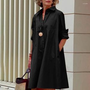 Casual Dresses Womens Button Down Dress Summer V-Neck Långärmning A-Line Business Work Shirt Solid Color Drop