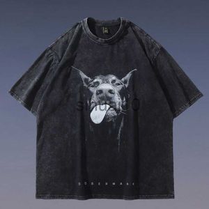 Camisetas Masculinas Masculinas Doberman Dog Graphic T Shirt Oversized Streetwear Hip Hop Engraçado Moda Retro Vintage Lavado Preto T-shirt de Algodão Solto J230731