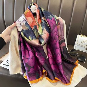 Halsdukar Ny Silk Spring Autumn Ladies Scarf Luxury Design Print Ladies Beach Shawl Scarf Fashion Smooth Square Scarf Women Turban Y23