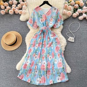 Casual Dresses Summer A-Line Midi Dress for Women V-Neck Butterfly Sleeve Tunic High midje blommig tryckt spets 112439