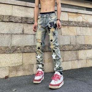 Men's Pants American Style Washed Mens Straight Vintage Fashion Star Patchwork Y2k Distressed Women Ripped Jeans Streetwear Trousers