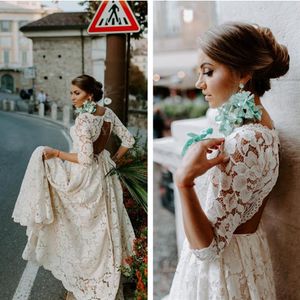 Rustic Bohemian Full Lace Open Back Wedding Dress with Sleeves Vintage Boho Beach Bride Dresses A Line Country Plus Size Bridal Go289F