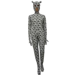 Halloween-Cosplay-Kostüm, Tier, weiße schwarze Punkte, Hundestrumpfhose, Overall, Ganzkörper-Bodysuit, Zentai-Anzüge, schicke abnehmbare Kapuze