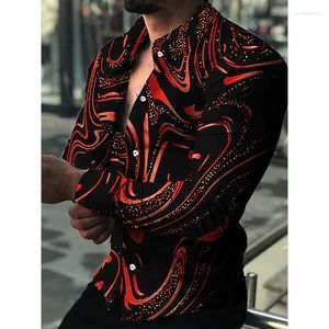 Men's Casual Shirts Fashion Luxury Men Single Breasted Shirt Red Turbulence Print Long Sleeve Tops Clothing Hawaii Prom Cardigan