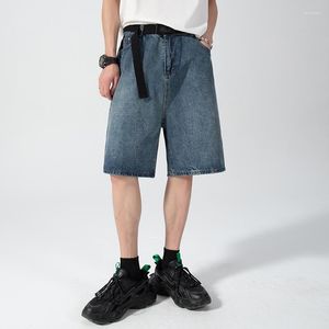 Mäns jeans sommar mörkblå denim shorts mode män justerbar bälte lös casual high street fempunkt byxor manliga kläder