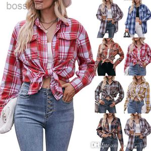 Blusa feminina de manga comprida de grife outono inverno nova moda casual camisas largas largas xadrez