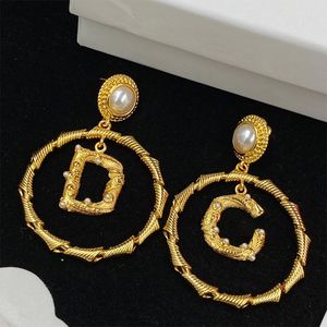 Women Vintage Earrings 18K Gold-Plated Hollowed Out Letters Carved Embossed Copper Circle Pearl Dangle Earrings