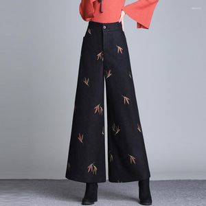 レディースパンツ韓国冬秋の女性ワイドレッグハイウエスト刺繍レッドウール秋の女性ブラックフローラルウールのズボン