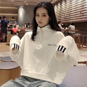 Kvinnors hoodies #7035 Crop Top Sweatshirt Polo Neck Tracksuit Women Spring Autumn Casual Loose Korean Style Zip Coat Tops Långärmvit