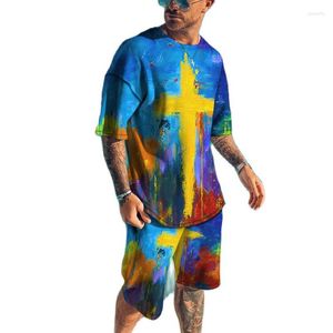 Fatos de treino masculinos 2023 roupas diárias masculinas padrão 3D estampado design camiseta decote redondo manga curta moda shorts primavera e verão casual