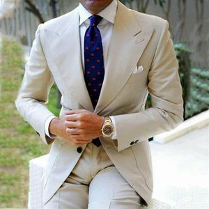 Lastest Coat Designs Beige Blazer With Pants 2021 Slim Fit Wedding Suits For Mens Wide Peaked Lapel Formal Groom Wear Groomsmen Me2463