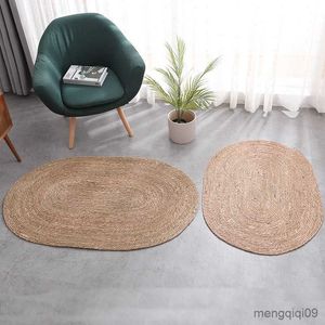 Carpets New Hand Knitting Anti-Slip Living Room Carpet Natural Fibre Woven Dirt-Proof Bedroom Mat Portable Quick-Dry Picnic Beach Rug R230801