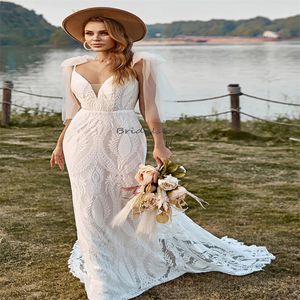 Abito da sposa bohémien in pizzo all'uncinetto chic maniche ad aletta abito da sposa senza schienale spiaggia a sirena 2023 abito da sposa rustico taglie forti abito da sposa robe mariee femme vestido de noiva