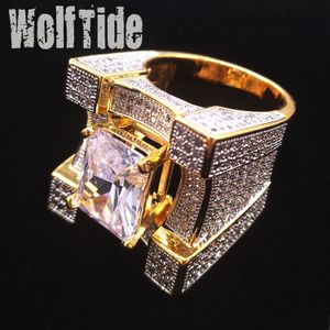 24mm Big Heavy Cubic Zirconia Square Hip Hop Ring 남성용 최고 품질의 개인화 된 전체 CZ 석재 펑크 록 래퍼 보석 크기 7 ~ 11 편안함 18k 골드 도금