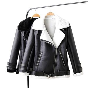 Women's Leather Autumn Winter Faux Lamb Jacket Warm Windproof Turn Down Collar Sheepskin Coat Women Pu Motorcyle Biker Outerwear