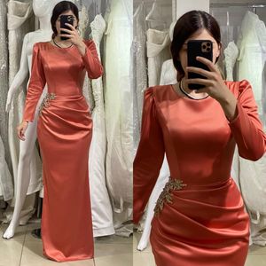 Elegant Coral Evening Dresses Jewel Neck Long Sleeves Party Prom Dress Pleats Beading Long Dress for special occasion