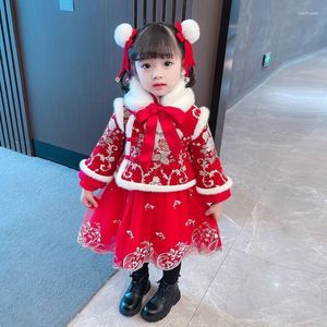 Vestidos para meninas, roupas vermelhas para o ano chinês, roupas femininas Hanfu, inverno, infantil, terno Tang, bebê, vestido acolchoado de veludo, natal