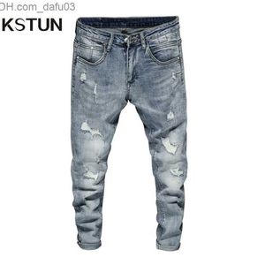 Jeans para hombres Ripped Skinny Light Blue High Street Style Male Elasticity Slim Fit Frayed Casual Men Pants Pantalones Biker Jeans 210318 L230726 Z230801