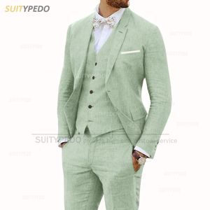 Męskie garnitury Blazery Linen Suit for Men 3 sztuki swobodny Slim Fit Summer Classic Pants Kamizel