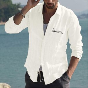 メンズカジュアルシャツ夏のファッションメンシンプルな綿とリネン小さなプリントラペルTシャツ長袖トップ