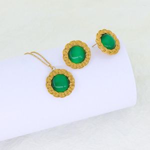 Halsbandörhängen Set Luxury Emerald Color Elegant Women Jewelry Statement Round Green Natural Stone Pendant For Women's Wedding