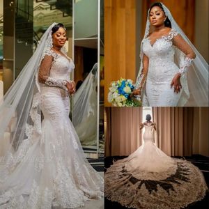 2023 Luksusowe koronkowe sukienki ślubne syreny Przez długie rękawy Pearl z koralikami sukienki ślubne Afrykańskie suknie ślubne plus rozmiar BC15031 02254G