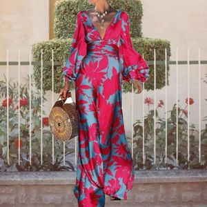 Casual Dresses Women's V-Neck Celebrity Big Swing Waist Dress 2023 Elegant Red Print Long Sleeve Sexy Party Vestidos