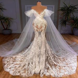 2021 Plus Size Arabic Aso Ebi Luxurious spets sjöjungfru bröllopsklänningar Sträng nacke se genom vintage brudklänningar ZJ787317B