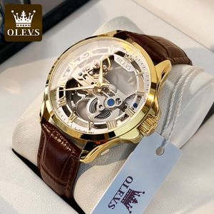 Wristwatches OLEVS Luxury Men Watches Automatic Mechanical Wristwatch Skeleton Design Waterproof Leather Strap Male Watch Reloj Hombre 230731