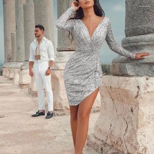 Casual Dresses V Neck Mini Sequins Women Sexy High Waist Package Hip Pleated Irregularly Short Gown Chic Lady Long Sleeve Party Outfits