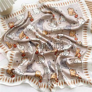 Scarves 2022 Spain Luxury Brand Square Silk Scarf Lovely Cartoon Cat Pattern Silk Shawls and Wraps Bag Scarves Hair Tie Headband 70*70Cm J230801