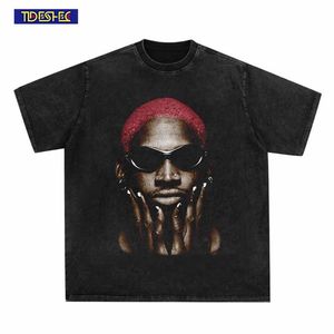 남자 Tshirts 패션 빈티지 씻은 짧은 소매 여름 Tshirt 남자 힙합 스트리트웨어 Dennis Rodman 초상화 인쇄 T 셔츠면 캐주얼 티 230731